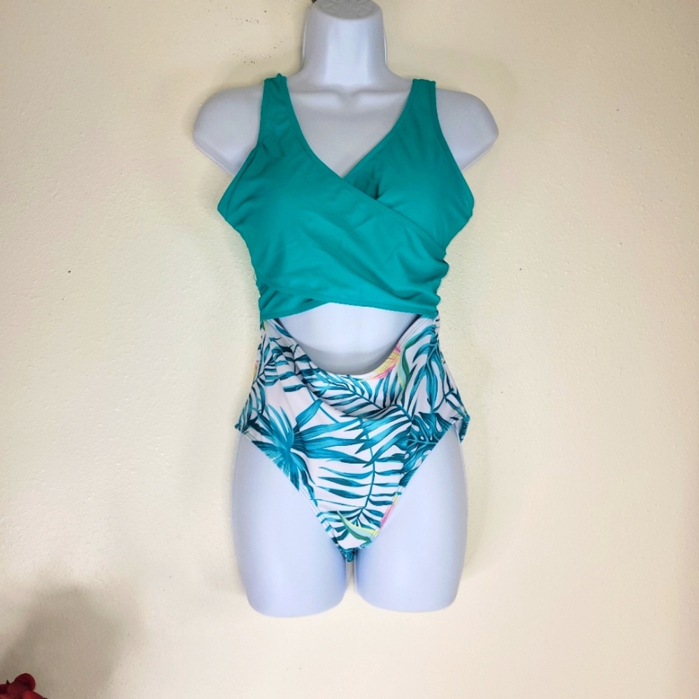 PatPat Teal and White Tropical Cutout Swimsuit